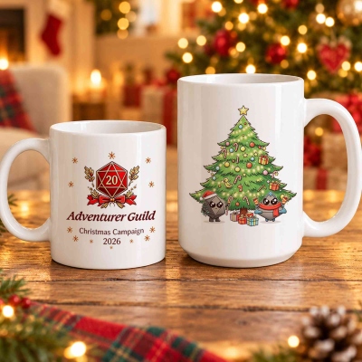 Personalized Adventurer Guild Christmas Ceramic Mug,  Cute D20 Dice Two-Tone Coffee Cup, Natural 20 Christmas Gift for DND Players