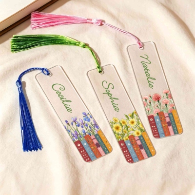 Personalized Name Birth Flower Book Spines Design Bookmark with Tassels, Acrylic Book Page Marker, Birthday Gift for Book Lovers/Readers/Women