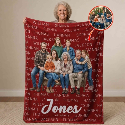 Personalized Colorful Family Photo Soft Throw Blanket with Family Member Names and Text, Home Decor, Wedding/Birthday Gift for Families/Parents