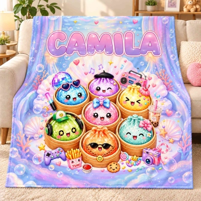Personalized Cute Kawaii Dumplings Blanket with Name, Flannel/Sherpa Bed Couch Throw, Home Decor, Birthday/Christmas Gift for Kids/Girls/Teens