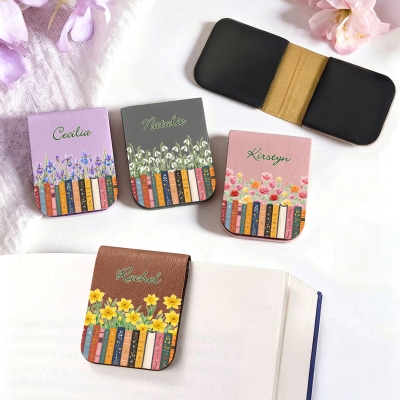 Custom Name Birth Flower Book Spines Design Leather Magnetic Bookmark Clip, Reading Accessory, Graduation/Birthday Gift for Book Lovers/Readers/Women
