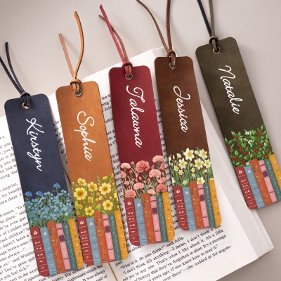 Custom Name Birth Flower Bookshelf Design Bookmark, PU Leather Book Page Marker, Reading Accessory, Birthday/Graduation Gift for Book Lovers/Women
