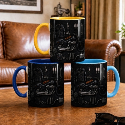 Personalized Name 3D Effect Motorcycle Mug, 11oz/15oz Two Tone Ceramic Coffee Mug with Coaster, Birthday Gift for Motorcycle Riders/Biker Enthusiasts