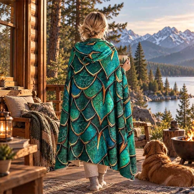 Dragon Scale Wearable Hooded Arctic Fleece Blanket, DND Fantasy Dragon Skin Cloak Throw Blanket, Cozy Tabletop RPG Gaming Gift for Dragon Lovers