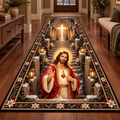 Christian 3D Optical Illusion Runner Rug, Jesus Virgin Mary Nativity Angel Hallway Carpet, Non-Slip Decorative Floor Mat, Faith Gift for Friends