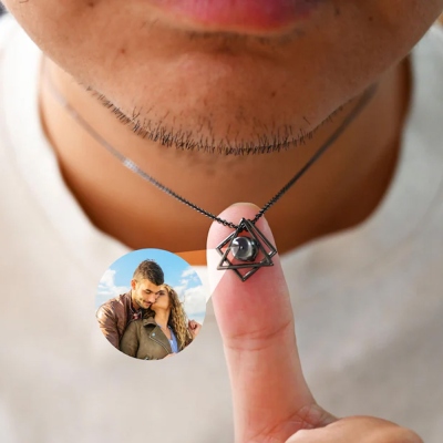 Personalized Photo Projection Necklace, Sterling Silver 925 Double Geometric Square Triangle Pendant, Birthday/Anniversary Gift for Couple/Family/Men