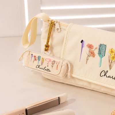 Personalized Name Birth Flowers Storage Bag Design Mini Bag Charm, Acrylic Keychain, Daily Use/Birthday Gift for Barbers/Hair Stylists/Hairdressers