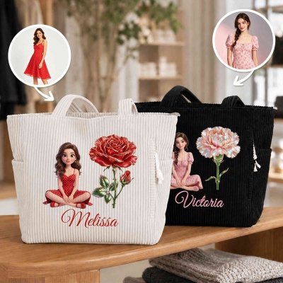 Personalized 3D-Effect Artwork Cartoon Character Birth Flower Large Capacity Corduroy Tote Bag with Name, Daily Use, Business/Birthday Gift for Women