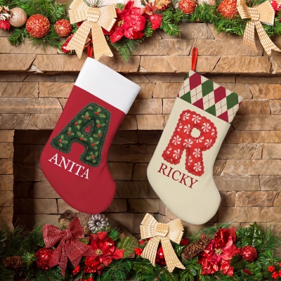 Personalized Name Quilted Effect Christmas-Themed Alphabet Stocking, Fireplace/Christmas Tree Ornament, Home Decor, Christmas Gift for Family/Kids
