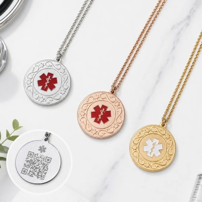 Personalized Engraved Medical Alert Necklace with QR Code, Medical ID Emergency Contact Pendant, Birthday/Anniversary Gift for Family/Friends/Patients