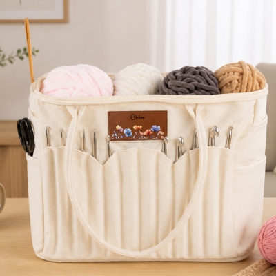 Custom Name Birth Flower Leather Patch Yarn Storage Bag with Needle Pockets & Handles, Large Capacity Canvas Crochet Organizer, Gift for Craft Lovers
