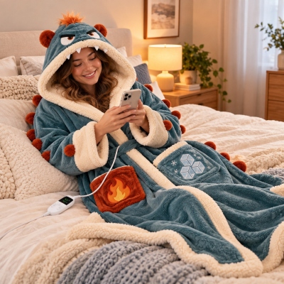 The Cozy Winter Monster Heated Robe, Wearable Blanket Hoodie with Hood, Adjustable Heat Levels, Plush Warm Lounge Wear, Christmas Gift for Women