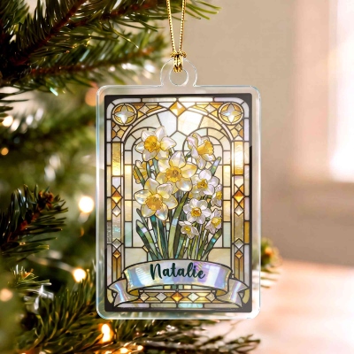 Personalized Birth Flower Stained Glass Style Christmas Ornament with Name, Acrylic Holiday Tree Decor, Christmas Gift for Mom/Grandma/Daughter/Sister