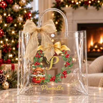 Personalized Name Bow Holly Wreath Highland Cow Alphabet Christmas Gift Bag with Ribbon, PVC Transparent Tote Bag, Christmas Gift for Kids/Family