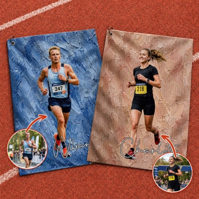 Personalized Marathon Theme Photo Oil Painting Style Soft Multicolor Towel with Name, Outdoor Use, Game Day, Birthday Gift for Runners/Athletes