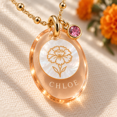 Personalized Birth Flower Necklace with Name and Birthstone, Colorful Acrylic Oval Pendant with Mother of Pearl, Daily Wear, Birthday Gift for Women