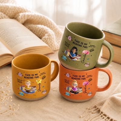 Personalized Cartoon Reading Character Birth Flower 12 oz Pottery Cup with Name, Daily Use, Birthday/Book Club Gift for Book Lovers/Bookworms