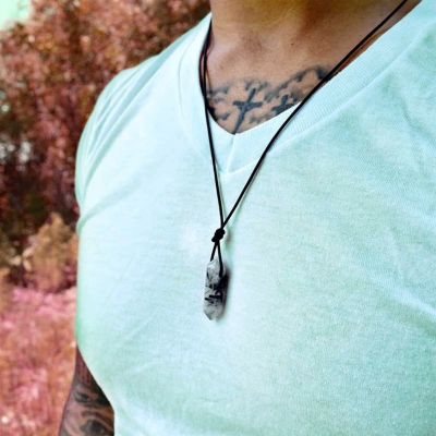 Rutilated Quartz Necklace, Men's Crystal Necklace, Leather Chain Necklace, Adjustable Necklace, Gift for Men/Boyfriend/Father
