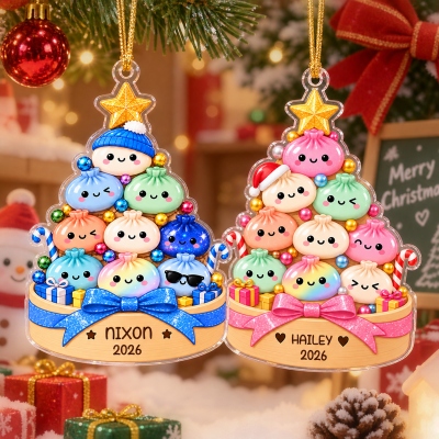 Custom Name & Year Glitter Dumpling Bao Christmas Tree Ornament, Acrylic Steamed Buns Holiday Decor, Stocking Stuffer, Christmas Gift for Kids/Family
