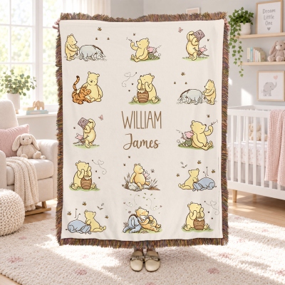 Personalized Name Classic Winnie the Pooh Blanket with Tassels, Flannel Bed Couch Throw, Nursery Decor, Baby Shower/Birthday Gift for Babies/Kids