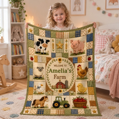 Custom Name Quilted Patchwork Style Farm Animals Blanket, Flannel/Sherpa Bed Couch Throw, Nursery Decor, Baby Shower/Birthday Gift for Newborns/Kids