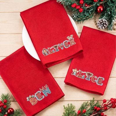 Personalized Cartoon Christmas Themed Knitted Letters Napkin with Name, Party Dinner Red Napkin, Holiday Dish Towel, Christmas Gift for Hostess/Family