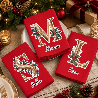 Personalized Gold Snowflake Embossed Holly Alphabet Napkin with Name, Party Dinner Red Napkin, Holiday Dish Towel, Christmas Gift for Hostess/Family