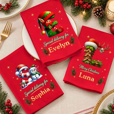 Personalized Elf/Tree/Snowman/House Alphabet Napkin with Name, Party Dinner Red Napkin, Holiday Dish Towel, Christmas Gift for Mom/Hostess/Family