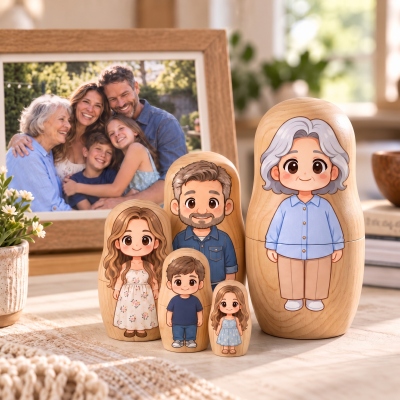Personalized Family Nesting Dolls with Photo & Text, Wooden Portrait Stacking Matryoshka Dolls, Tabletop Home Display Decor, Memory Gift for Love Ones