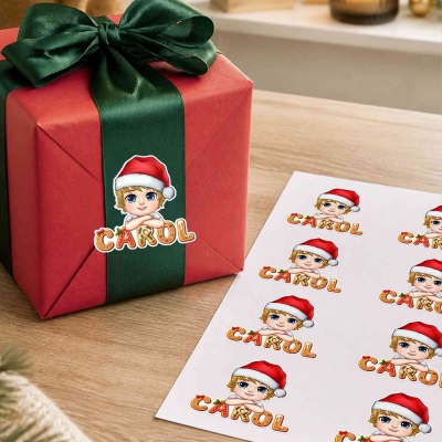 Personalized Christmas Cartoon Character Gingerbread Waterproof Sticker with Name, Christmas Gift for Students/Kids