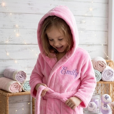 Personalized Monogram Kids Spa Robe with Stitched Name, Ultra Soft Plush Hooded Wrap, Cozy After Shower Loungewear, Birthday Gift for Little Girls
