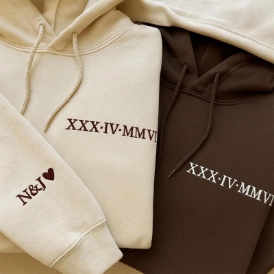 Personalized Roman Numeral Embroidered Hoodie, Cotton Blend Couple Matching Sweatshirt, Anniversary/Birthday Gift for Boyfriend/Girlfriend