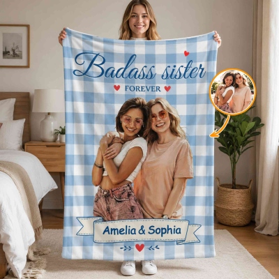 Personalized Illustration Photo Checked Pattern Soft Throw Blanket with Title and Name, Bedroom Decor, Birthday/Anniversary Gift for Sisters/Besties
