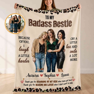 Personalized Badass Bestie Photo Design Soft Throw Blanket with Name and Title, Bedroom Decor, Birthday Gift for Friends