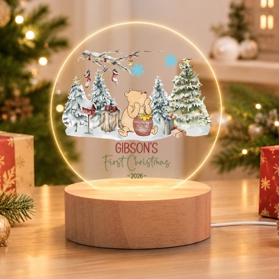 Custom Name First Christmas Classic Winnie the Pooh LED Night Light, Acrylic Night Lamp with Wooden Base, Baby Shower/Christmas Gift for Newborns/Kids