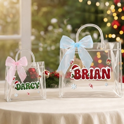 Custom Name Glitter Santa Hat Bubble Letters Christmas Gift Bag with Ribbon, PVC Clear Tote Bag, Holiday Party Favor, Christmas Gift for Kids/Family