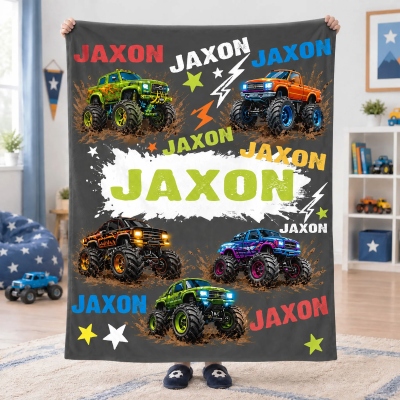 Personalized Name Monster Truck Dinosaur Blanket, Flannel/Sherpa Bed Couch Throw, Nursery Decor, Birthday/Holiday Gift for Newborns/Boys/Toddlers