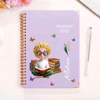 Personalized Birth Flower Cartoon Character 2027 Planner A5 Notebook with Name and Weekly Monthly Planner Pages Daily Use Birthday Gift for Friend