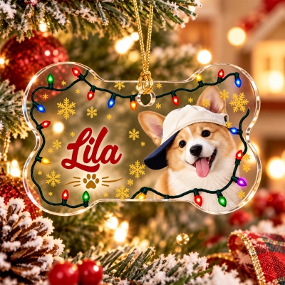 Personalized Pet Photo Colorful Lights Bone-Shaped Ornament with Name, Acrylic Dog/Cat Portrait Holiday Decor, Christmas Gift for Pet Parents
