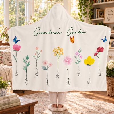 Personalized 1-16 Flowers Butterfly Soft Hooded Blanket with Names and Title, Birthday/Christmas Gift for Mom/Grandma/Woman