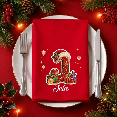 Custom Name Rhinestone Effect Santa Hat Alphabet Christmas Napkin, Holiday Dinner Red Cloth Napkin, Housewarming/Christmas Gift for Hostess/Family