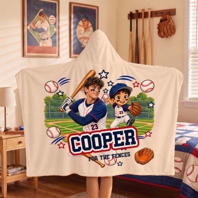 Personalized Cartoon Sports Character Photo Hooded Blanket with Name and Text, Home Decor, Birthday/Christmas/Holiday Gift for Kids/Friends