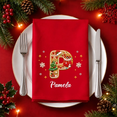 Custom Name Faux Beaded Gingerbread Alphabet Christmas Napkin, Holiday Dinner Red Napkin, Dish Towel, Housewarming/Christmas Gift for Hostess/Family