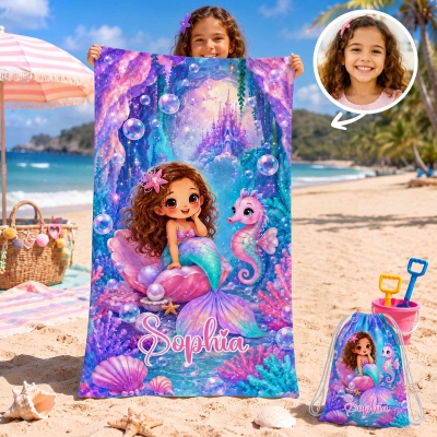 Personalized Sea Animals Cartoon Character Photo Quick Dry Oversized Beach Towel with Drawstring Bag and Name, Beach Party/Birthday Gift for Child