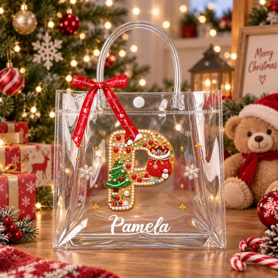Custom Name Faux Beaded Gingerbread Alphabet Christmas Gift Bag with Ribbon, PVC Transparent Tote Bag, Holiday Party Favor, Christmas Gift for Kids