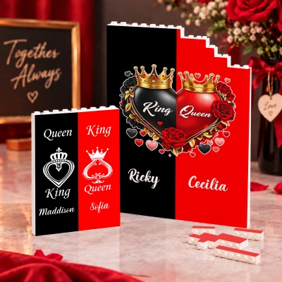 Personalized Names King & Queen Heart Crowns Design Building Block, ABS Brick Puzzle, Anniversary/Valentine’s Day/Wedding Gift for Couple/Newlyweds