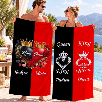 Custom Names King & Queen Heart Crowns Beach Towel, Microfiber Quick Dry Pool Towel, Anniversary/Valentine’s Day/Wedding Gift for Couple/Newlyweds