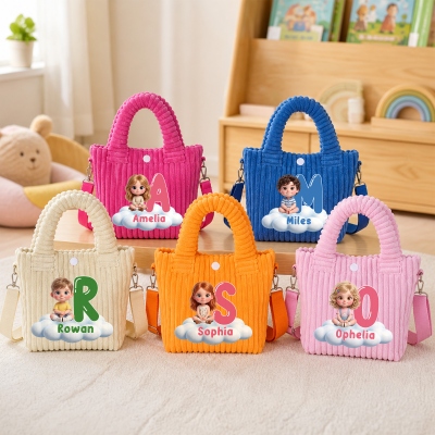 Personalized 3D-Effect Artwork Cartoon Character Photo Initial Corduroy Crossbody Bag with Name, Birthday Outdoor Adventure Gift for Kids/Toddlers