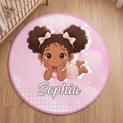 Personalized Name Cartoon Black Little Girl/Boy Character Round Fleece Floor Mat, Non-slip Absorbent Rug, Birthday Gift for African American Kids