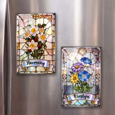 Personalized Birth Flower Faux Stained Glass Fridge Magnet with Name, Home Kitchen Decor, Housewarming/Birthday/Christmas Gift for Her/Mom/Family
